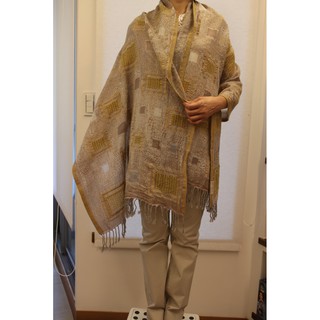 印度全手工純100%美麗諾羊毛圍巾/披肩~簡約大地色 大小方塊繡