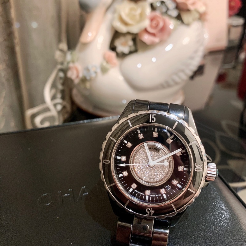 精品名牌專櫃真品CHANEL 香奈兒J12 黑色奢華鑲鑽 面盤滿鑽石12點鑽 38mm 陶瓷 機械錶 腕錶