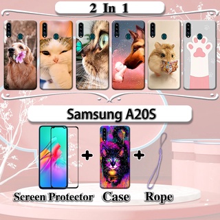 SAMSUNG 2 合 1 三星 A20S 手機殼帶鋼化玻璃曲面陶瓷螢幕保護膜貓狗