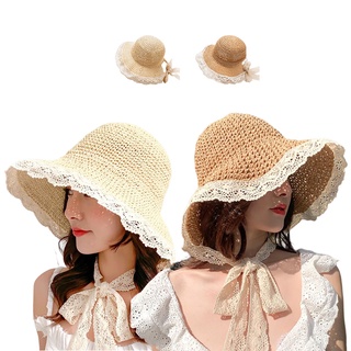 現貨-網紅草帽女夏蕾絲繫帶沙灘帽小清新海邊出遊度假防曬遮陽帽子綁帶