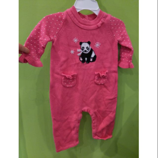 只穿過2次超新高檔童裝Janie And Jack 3~6M粉紅針織熊貓女寶長袖連身套裝 連身衣