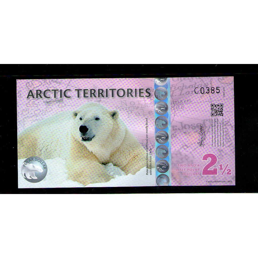 【低價外鈔】北極2013年2.5 (2 1/2) Dollars塑膠鈔一枚 北極熊圖案 新發行！