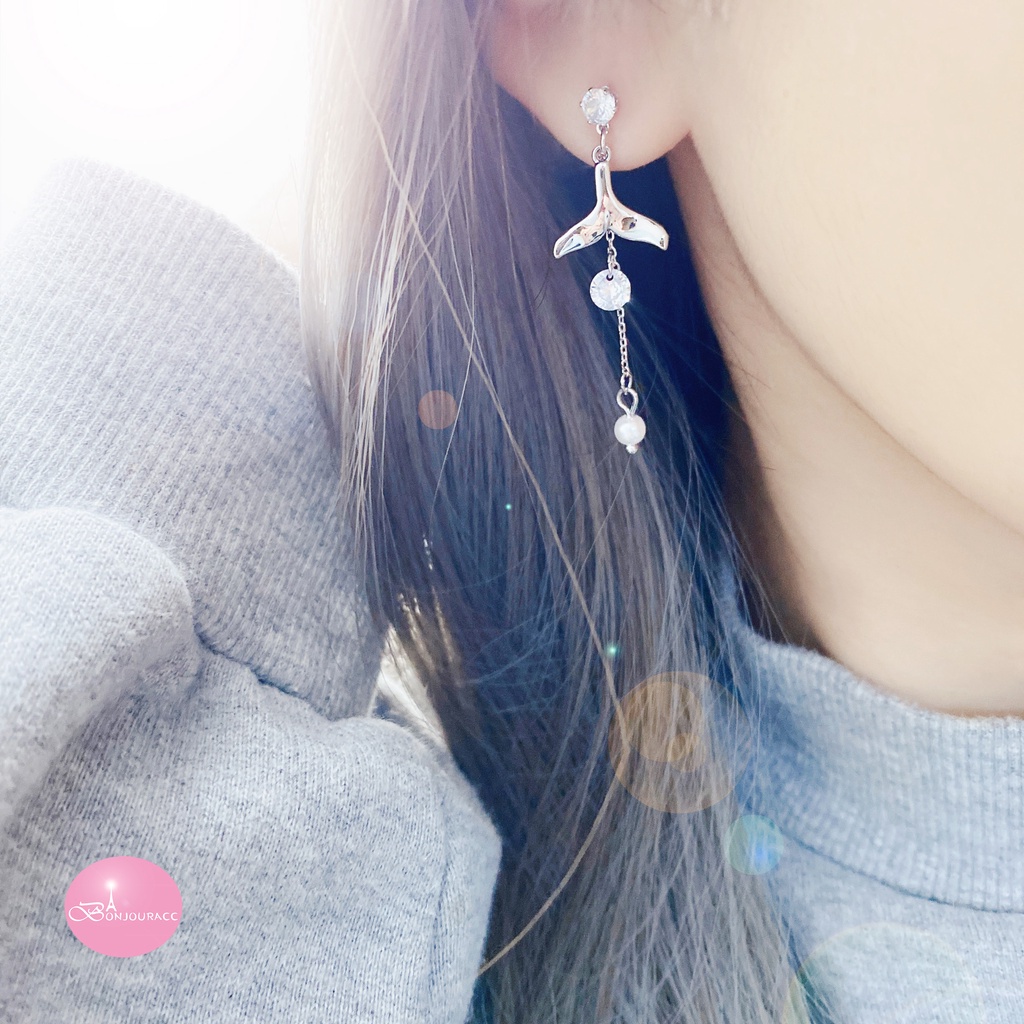 韓國 魚尾小鑽珍珠造型 耳環 針式 夾式 台灣現貨【Bonjouracc】