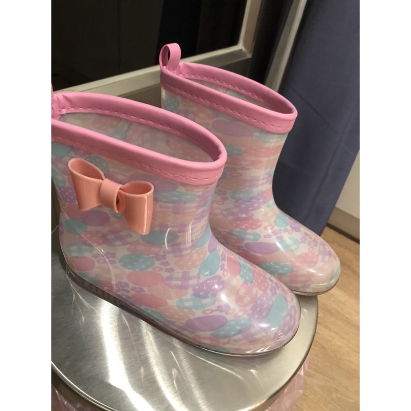 女童 大童 粉色 花色 蝴蝶結 雨鞋 二手保存良好  無鞋墊鞋盒 鞋底約19公分