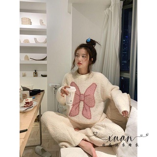Xuan♥秋冬季日系軟綿綿加厚保暖珊瑚絨睡衣女寬松可外穿家居服兩件套裝