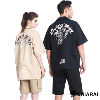 BLUE WAY 鬼洗 ONIARAI - 短袖襯衫/哥特櫻花下擺可拆短袖襯衫(卡其)/男女共穿