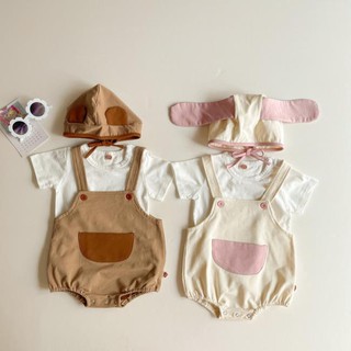 新款現貨男女寶寶可愛熊和兔子背帶包屁衣無袖連身衣送帽子兩件套