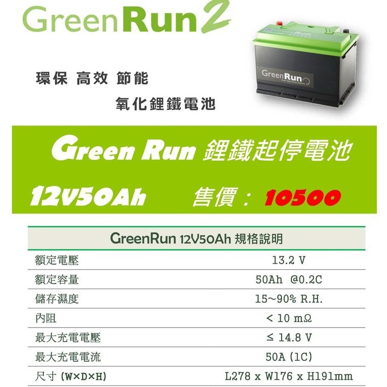 南桃園電池ln3 經銷代理 GREEN RUN 2 短版歐規50AH 鋰鐵電池支援efb agm