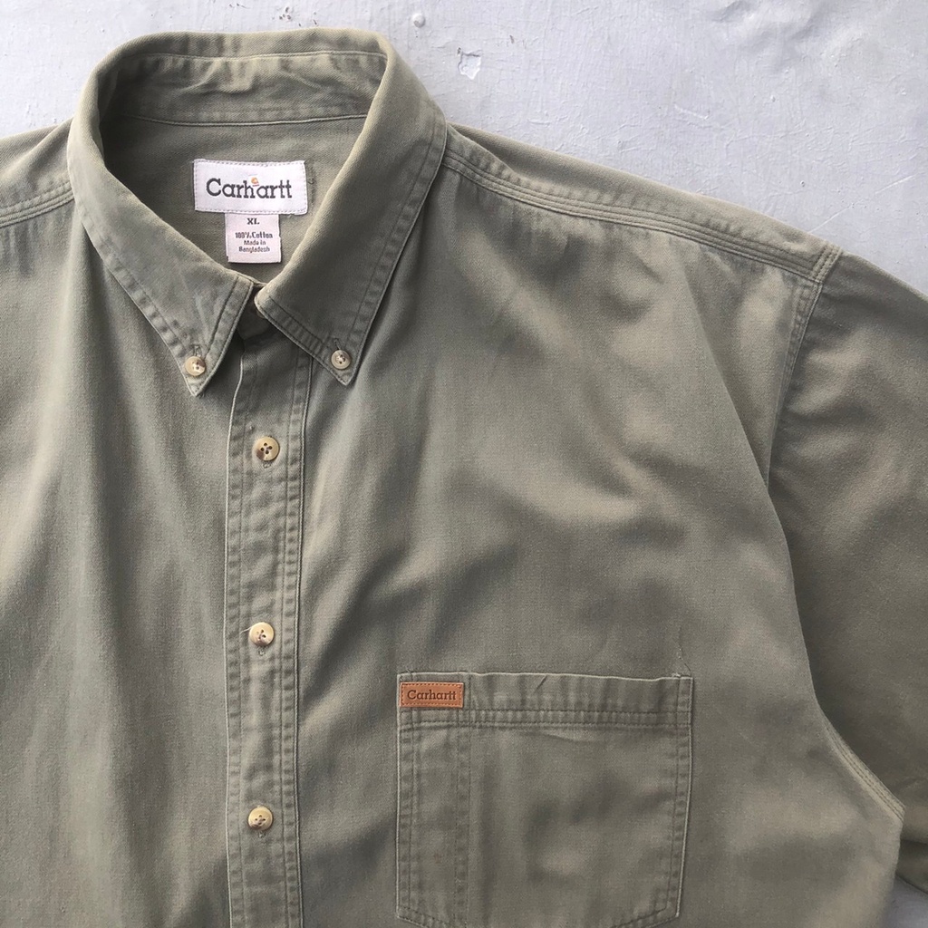 [Oldman Vintage]Carhartt shirts 軍綠色 素色 古著 短袖 卡哈 襯衫 XL號 C08