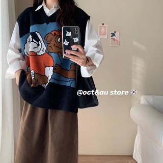 單件/套裝春秋V領針織疊穿毛衣寬鬆背心馬甲學生 長袖襯衫兩件套
