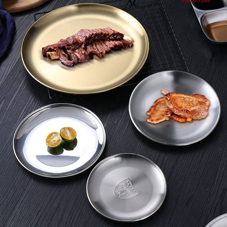 【滿額免運】304不銹鋼韓式圓盤 加厚盤子 燒烤肉盤 平底盤 餐廳盤子 咖啡托盤菜盤 不銹鋼盤子 烤肉盤