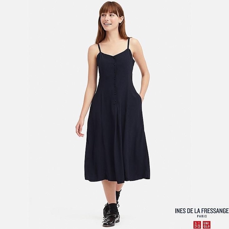 Uniqlo Ines 426487 女裝嫘縈細紋細肩帶洋裝 深藍色 L號 全新未拆標