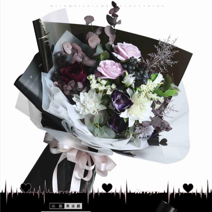 批發 韓式心跳果凍膜包花紙玫瑰花花束花藝花店包花紙韓國包裝紙韓式鮮花花束包材料乾燥花不凋花永生花資材防水純色