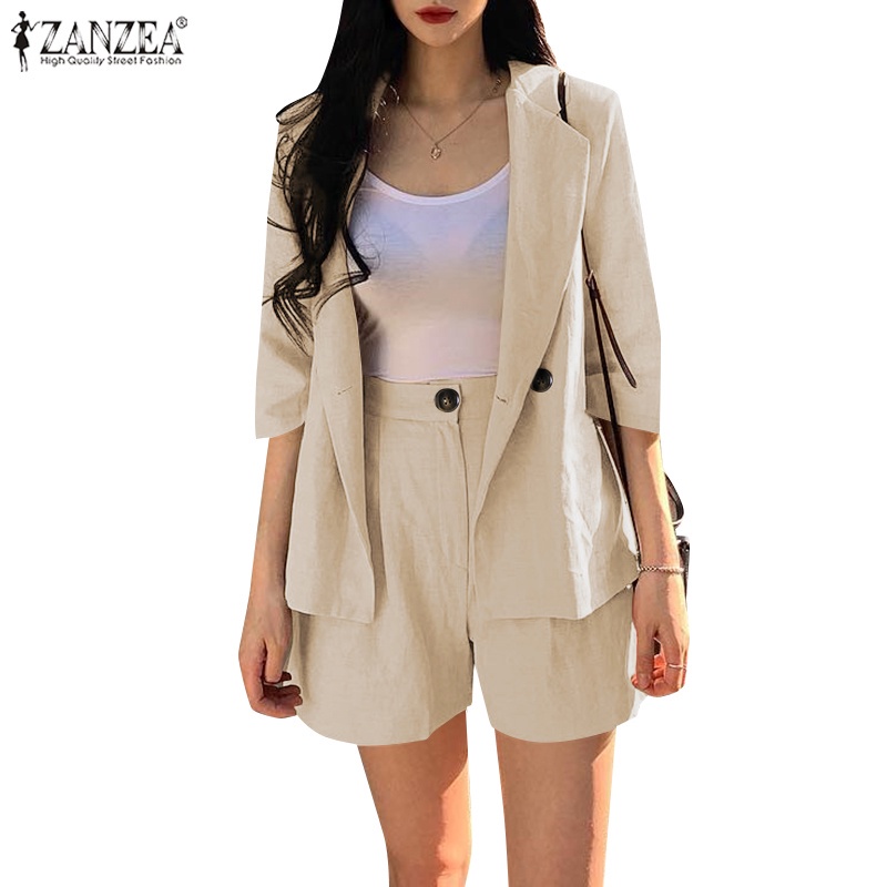 Zanzea 女士夏季街頭時尚休閒純色套裝 3 / 4 袖西裝外套 + 腰鬆緊短褲
