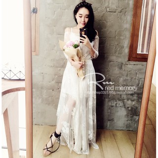 【 Angela ViVi 】韓版 浪漫名媛甜美風公主氣質性感蕾絲兩件式套裝 內裡細肩帶洋裝+長板蕾絲裙 白色現貨不用等