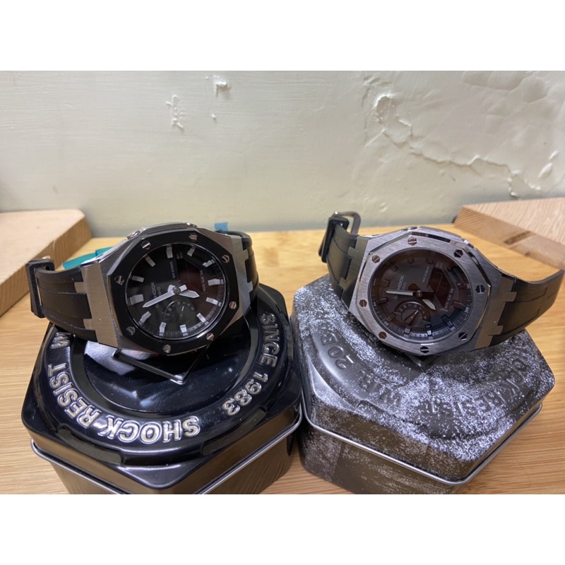 經典配色 永不退潮G-SHOCK GA-2100-1a1 1a改裝4代金屬錶殼+黑色橡膠錶帶