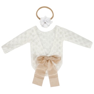 哈哈 2 件新生兒攝影道具套裝嬰兒蝴蝶結蕾絲連身衣花朵頭帶套裝嬰兒拍照緊身衣