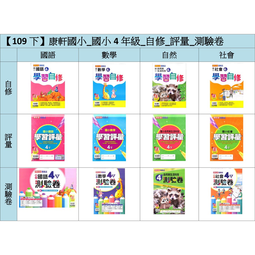 109下 康軒國小 國小4年級 自修 評量 測驗卷 國語 數學 自然 社會 蝦皮購物