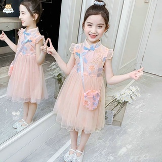 女童漢服 唐裝 古裝 小女孩連衣裙夏裝兒童紗裙中國風演出服2021新款洋氣蓬蓬紗公主裙