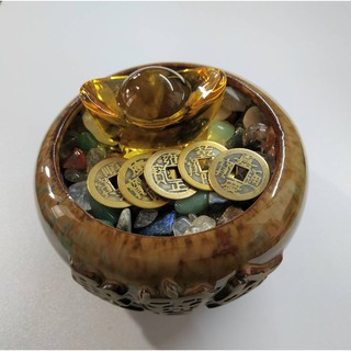 招財小型陶瓷聚寶盆+琉璃元寶+五帝錢+天然五行水晶碎石.一組優惠價340元