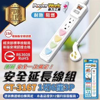 【台灣製造最新安規 下殺最低價】延長線 15A CT-3167 PowerWork 動力工廠 1切6座3孔延長線