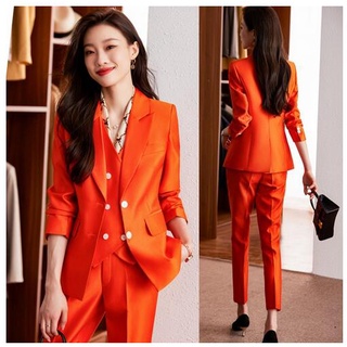 MisuShop ♥ 高級橘紅色西裝套裝 春秋氣質女神範OL馬甲三件式