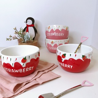 草莓奶油陶瓷甜品碗 水果碗 沙拉碗 麥片碗 早餐碗 紅色 粉色