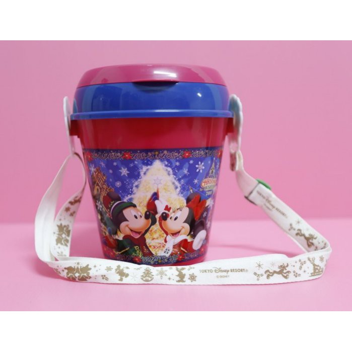【Dona日貨】日本迪士尼樂園限定 聖誕節米老鼠米奇米妮白色雪花聖誕樹 爆米花桶/收納盒(附斜背帶) G03