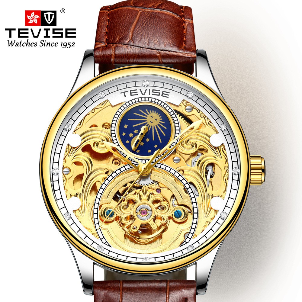 TEVISE T820A/820B  2020男士瑞士男表 外貿鏤空金色高檔腕表真皮機械表手表