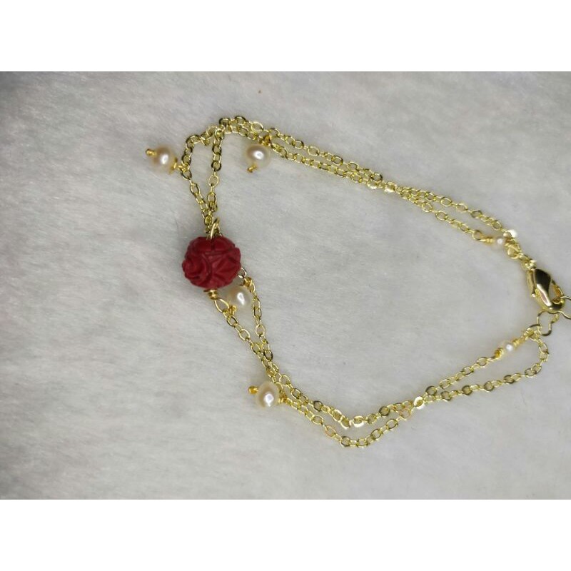 天然阿卡紅珊瑚玫瑰造型+天然珍珠14k包金手鍊