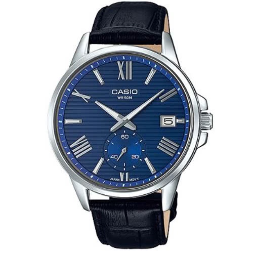 【CASIO】卡西歐 條紋時尚單眼羅馬紳士真皮腕錶-藍 MTP-EX100L-2A 台灣卡西歐保固一年