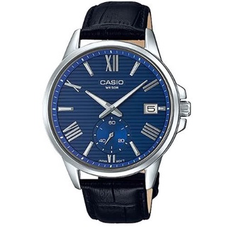 【CASIO】卡西歐 條紋時尚單眼羅馬紳士真皮腕錶-藍 MTP-EX100L-2A 臺灣卡西歐保固一年