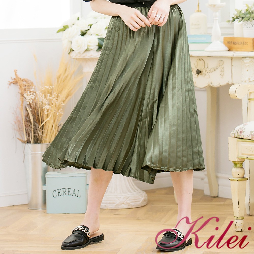 【Kilei】女裝 裙子 百褶裙 下著 腰鬆緊素面光澤緞面百褶裙XA3340-01(氣質軍綠色)全尺碼