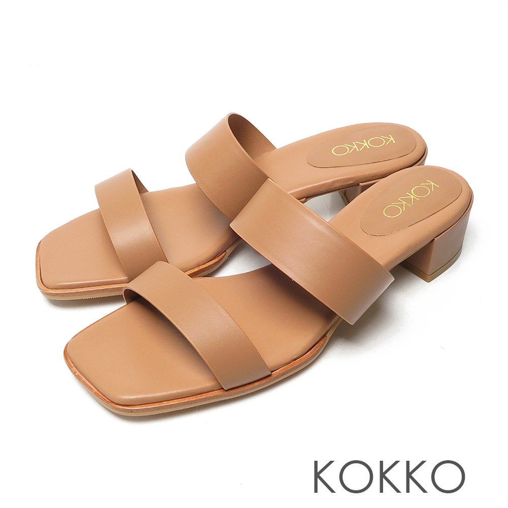 KOKKO極簡時髦方頭一字帶粗跟牛皮涼拖鞋奶茶色