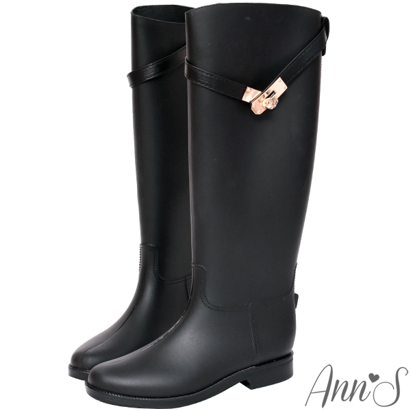 Ann’S多雨城市-精品轉釦造型顯瘦長筒雨靴-黑