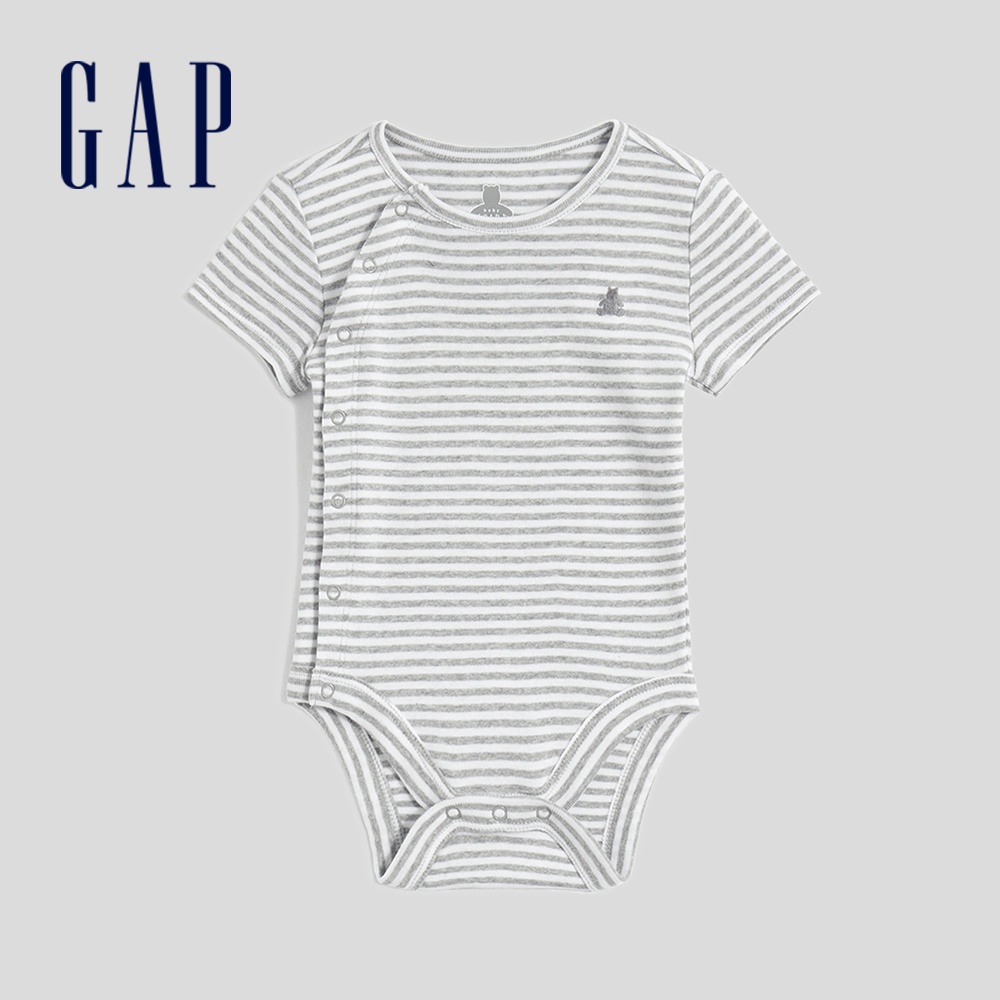 Gap 嬰兒裝 純棉印花側開領短袖包屁衣 布萊納系列-灰白條紋(822415)