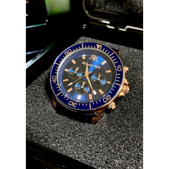 正品德國雙R 三眼藍水鬼 玫瑰金 鋼錶帶 防水richard rich 石英錶