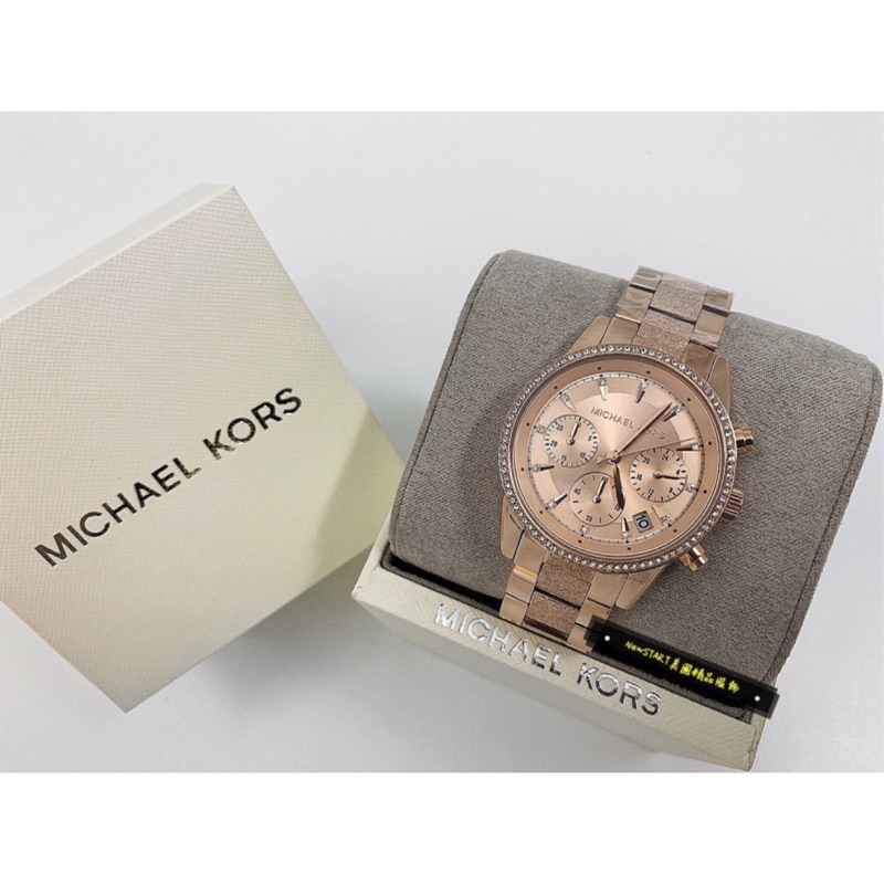 【New START精品服飾-員林】 Michael Kors MK6598 水鑽 玫瑰金 三眼計時女錶 手錶37mm