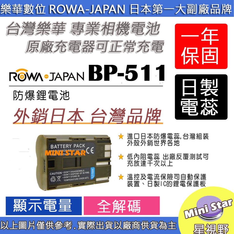 星視野 ROWA 樂華 CANON BP511 BP-511 佳能相機專用 相容原廠 防爆鋰電池 全新 保固1年