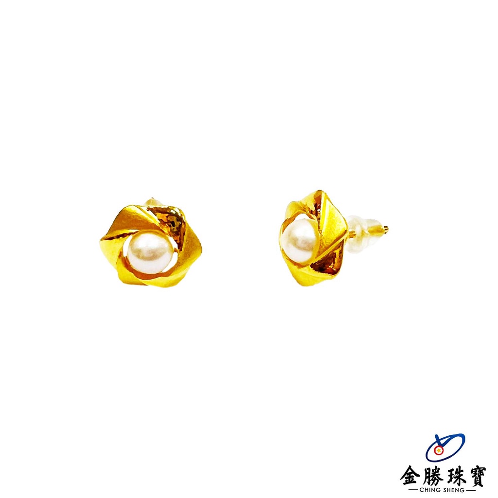【金勝珠寶】 黃金耳環｜耳針式 珍珠 幾何 時尚