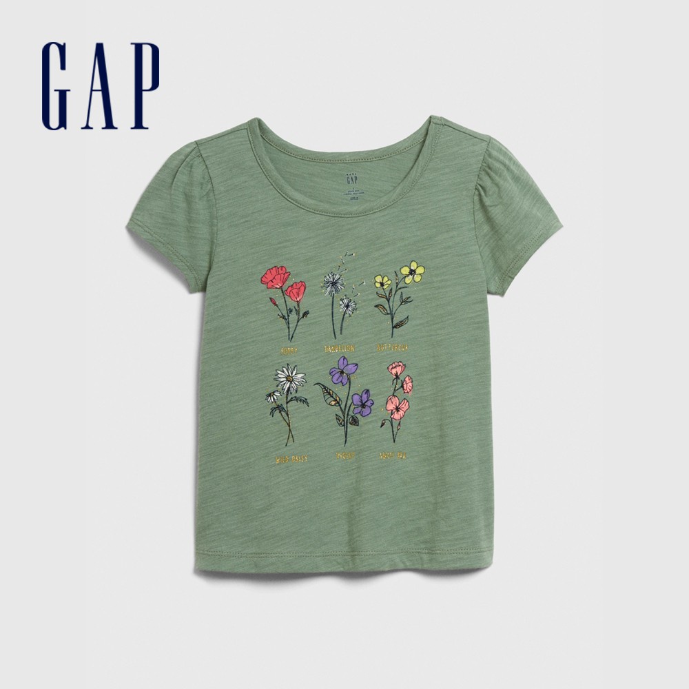 Gap 女幼童裝 棉質舒適花卉印花短袖T恤-綠色(577332)