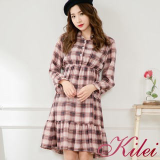 【Kilei】女裝 女生衣著 經典格紋腰鬆緊襯衫領荷葉邊下擺洋裝XA3942(唯美磚咖格)全尺碼
