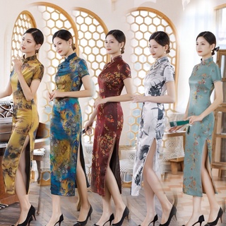 💎Trista House🌿M~5XL 一般~大碼旗袍 中國風 改良式 旗袍 短袖旗袍 綢緞 顯瘦 開衩 婚禮 伴娘服