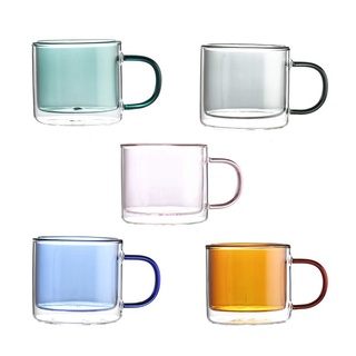 居家水杯 250ml 透明圓柱玻璃咖啡杯 彩色簡約雙層高硼矽玻璃杯 帶把咖啡杯家用茶杯 簡約牛奶水杯