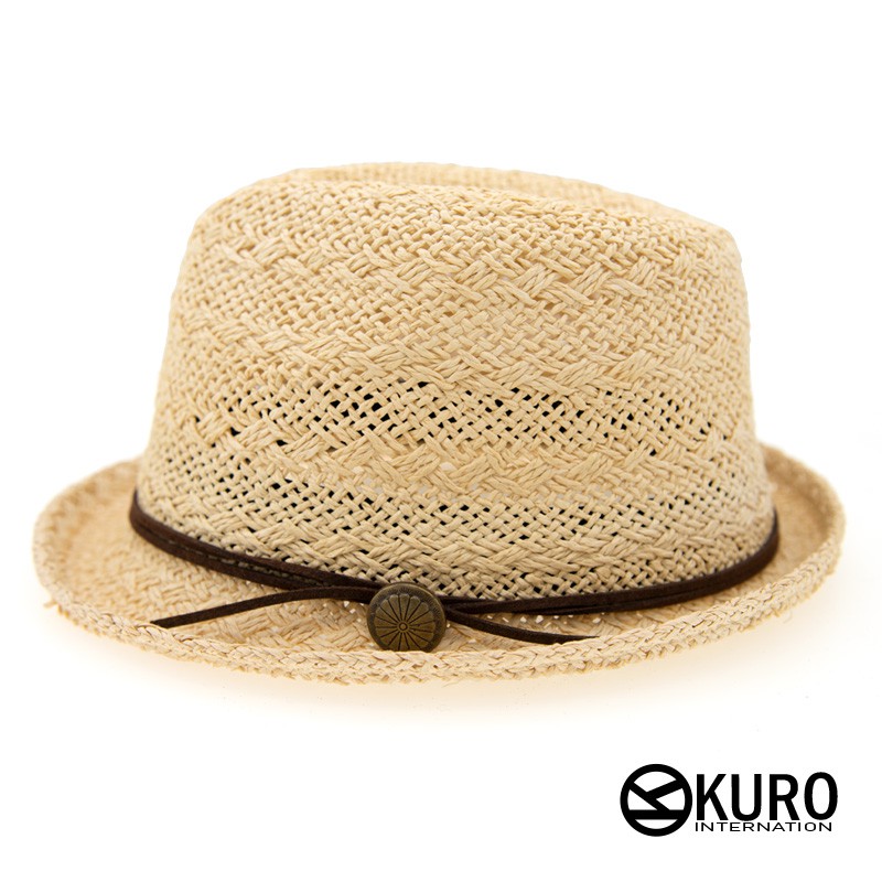 KURO-SHOP米色皮繩徽章草帽紳士帽