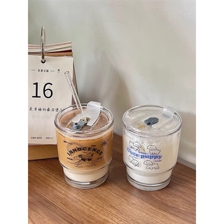 🐶韓系ins風小狗玻璃 吸管杯 咖啡杯 水壺 吸管水杯 環保杯 隨行杯 玻璃水杯 杯子 透明杯 透明玻璃杯 隨身杯