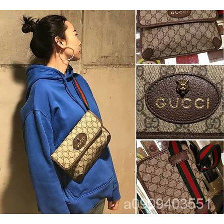 正品二手  Gucci 493930 GG Supreme Belt Bag 虎頭腰包 #斜背包
