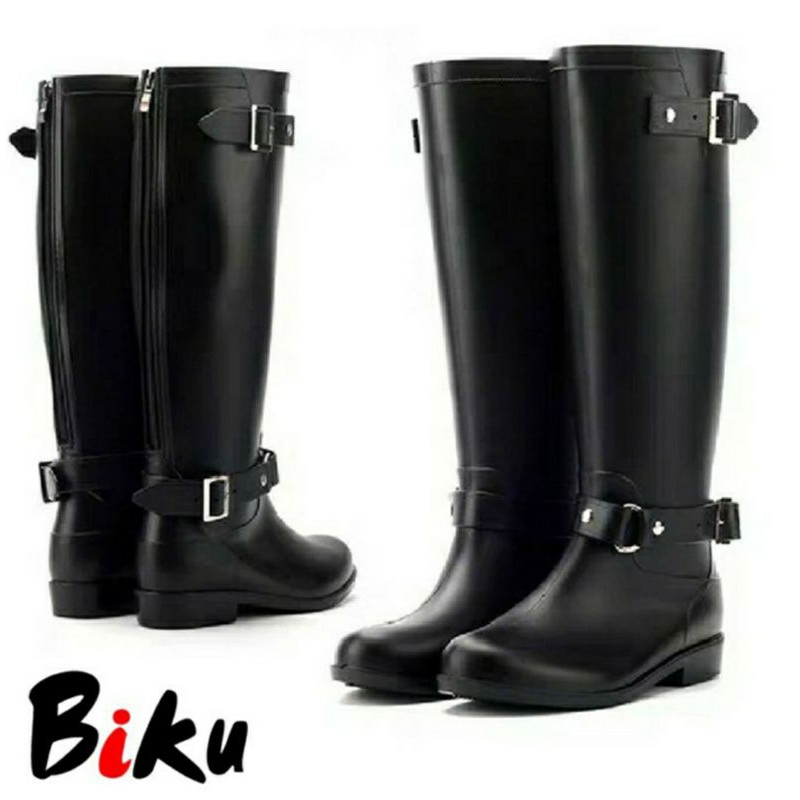 韓系 晴雨2穿PVC防水防滑質感雙皮帶釦後拉鍊長筒雨靴 工程靴-BIKU/B酷