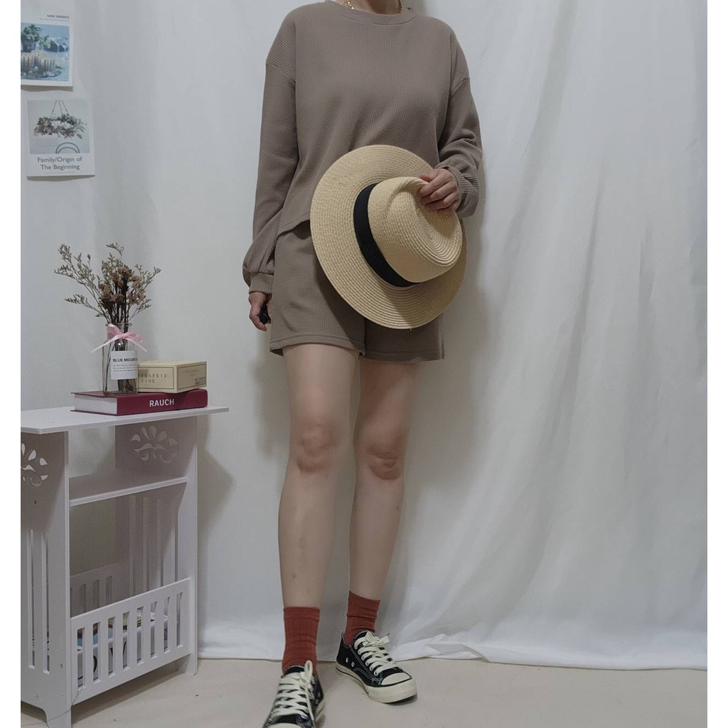 myheart韓系鬆餅格薄款長袖上衣+短褲2件式套裝 時尚 潮流