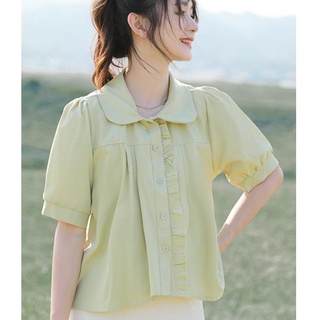 日系娃娃領甜美襯衫女設計感小眾夏季學院風木耳邊別緻短款襯衣